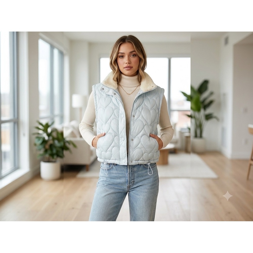 For‎ Love & Lemons Puffer Vest XL Ice Blue Heart Quilted Sherpa High Neck Soft